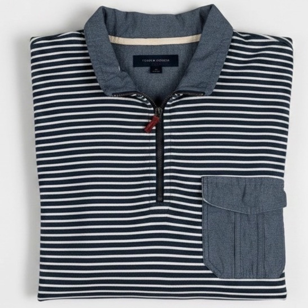 Tommy Hilfiger Mens Navy White Striped Quarter Zip Pullover Sweatshirt Large